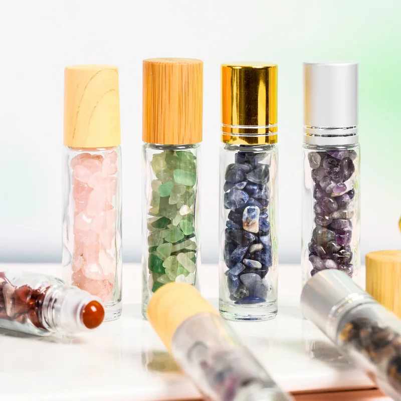 Bestseller 10ml Wood Grain Cap Essential Oil Roller Bottle  Perfume Refillable Bottle  Crystal Stone Decorative Roll-On Bottle
