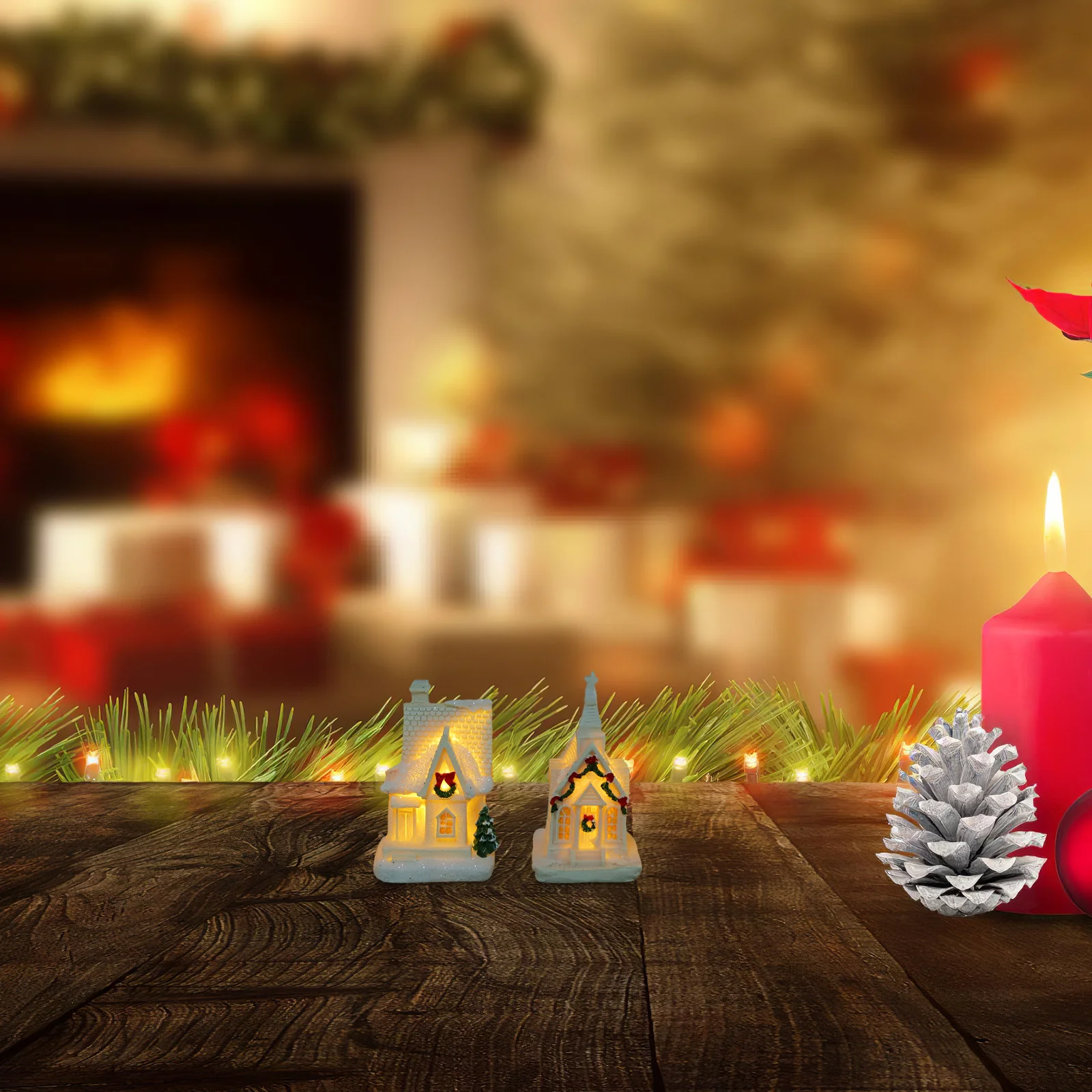 

4Pcs Christmas Village House Ornaments Resin Miniature Lighted Xmas Holiday Micro Landscape Decor Christmas Village Houses