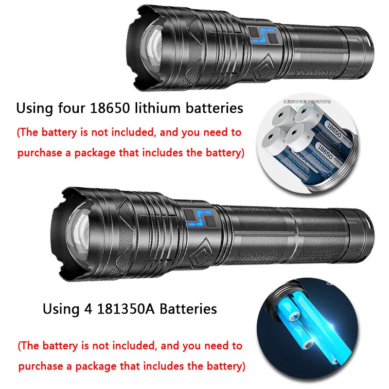 20000LM Super Bright Tactical Flashlight 100W GT60 Long Range Powerful LED Torch USB Rechargeable Using 4 181350A Batteries