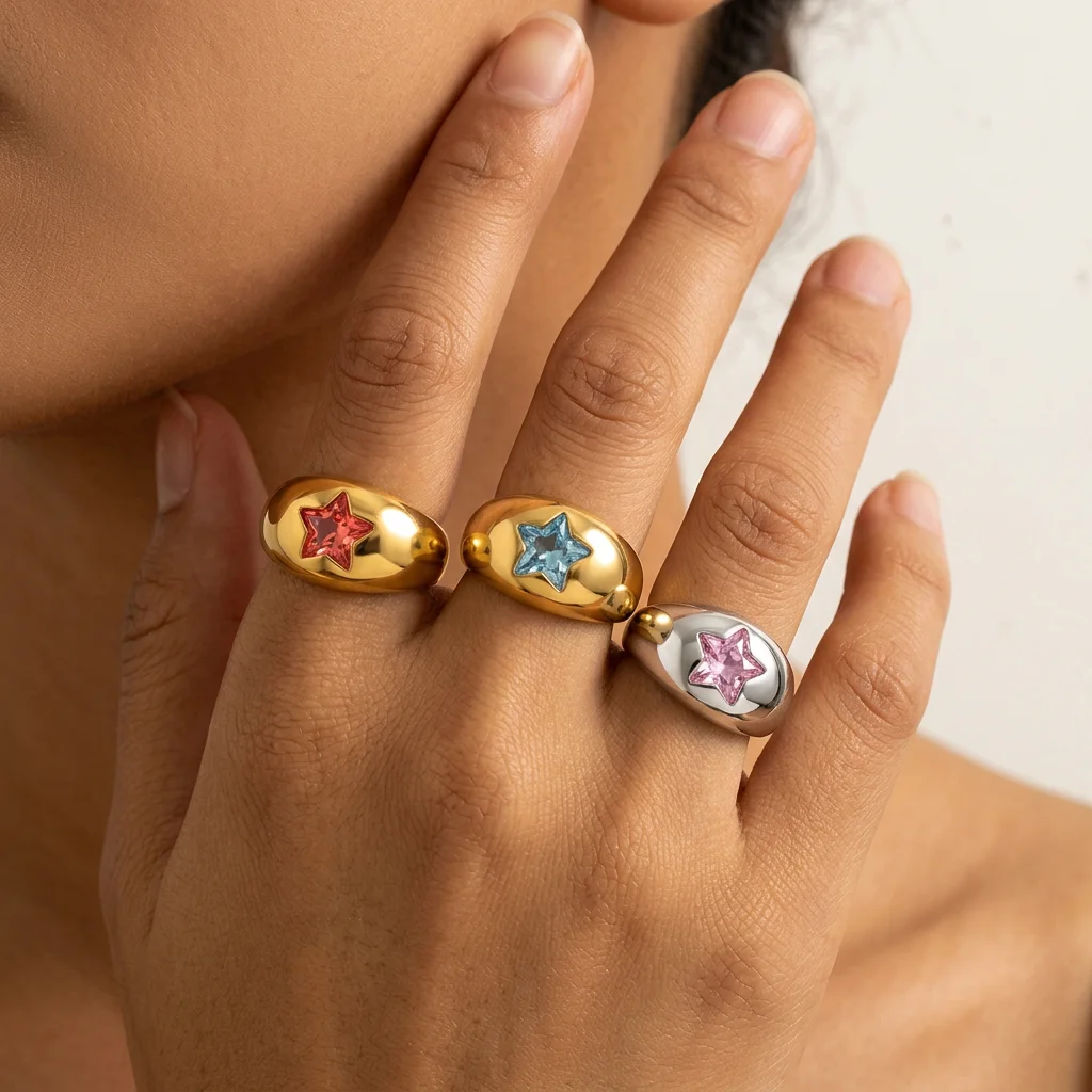 Unusual Chunky Dome Star Rings Stainless Steel Chubby Star Shape Zircon Bride Wedding Ring CZ 18K Gold Plated Waterproof Jewelry