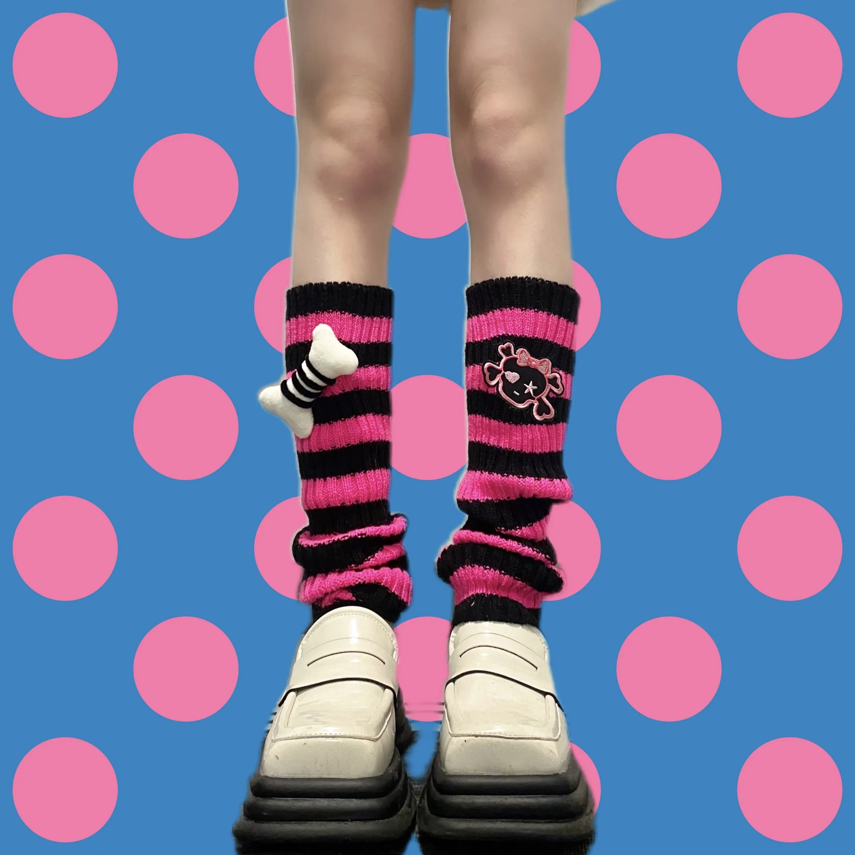 Ruibbit Hot Girl Japanese Knee Sleeve Leg Cover Harajuku Handmade Black Red Skull Stripes Leg Warmers Punk