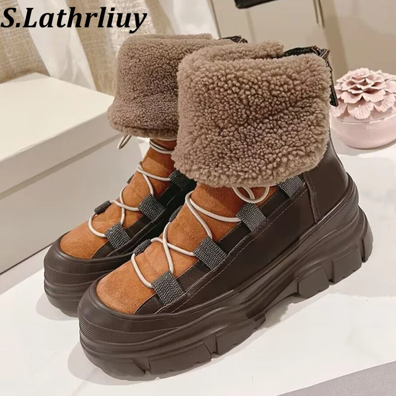 

Winter Thick Soled Anti Slip Snow Boots Women Flanging Fur Integrated Warm Cotton Boot Female Metal Bead Design Leisure Boots