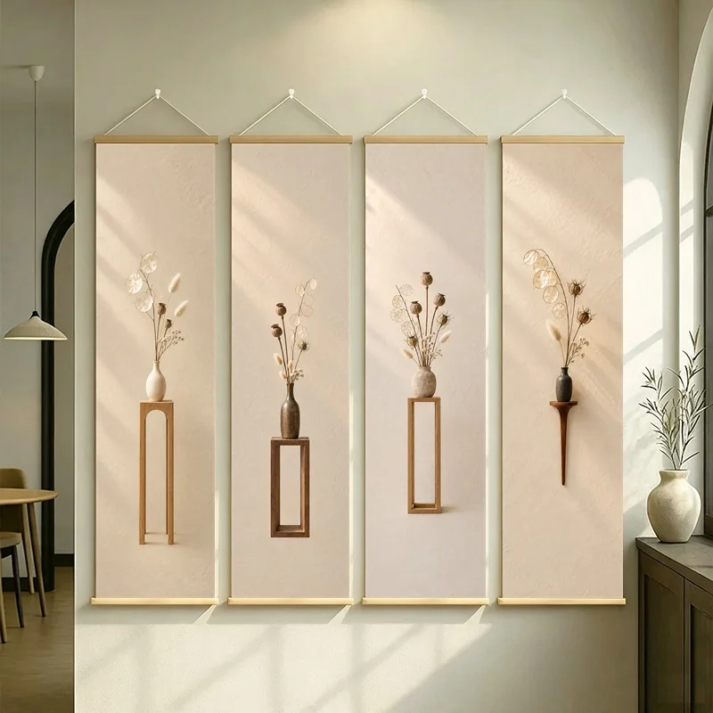 Dried Stem Wall Art 4-Panel Neutral Grass Vase Hanging Scroll Set on Beige Silver Shimmer Canvas for Quiet Hallway Decor