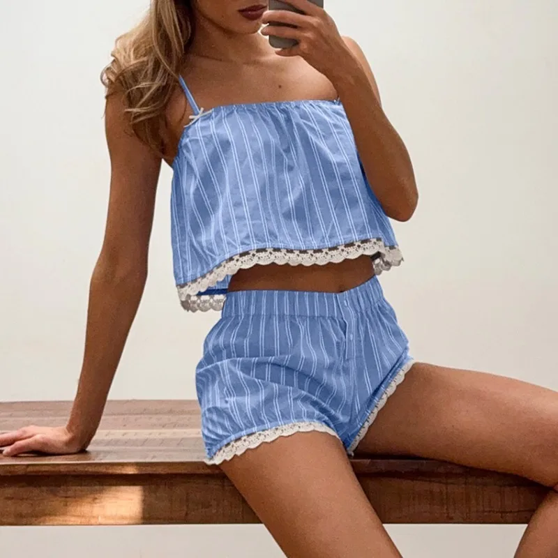 

Новый женский комплект пижамы из двух предметов: кружевные шорты на бретельках и топ, стильный и удобный, в европейско-американском стиле, размер L