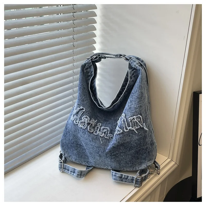 Vintage Washed Denim Hobo Bag For Women Distressed Letter Embroidery Large Capacity Casual Shoulder Crossbody Tote Bag