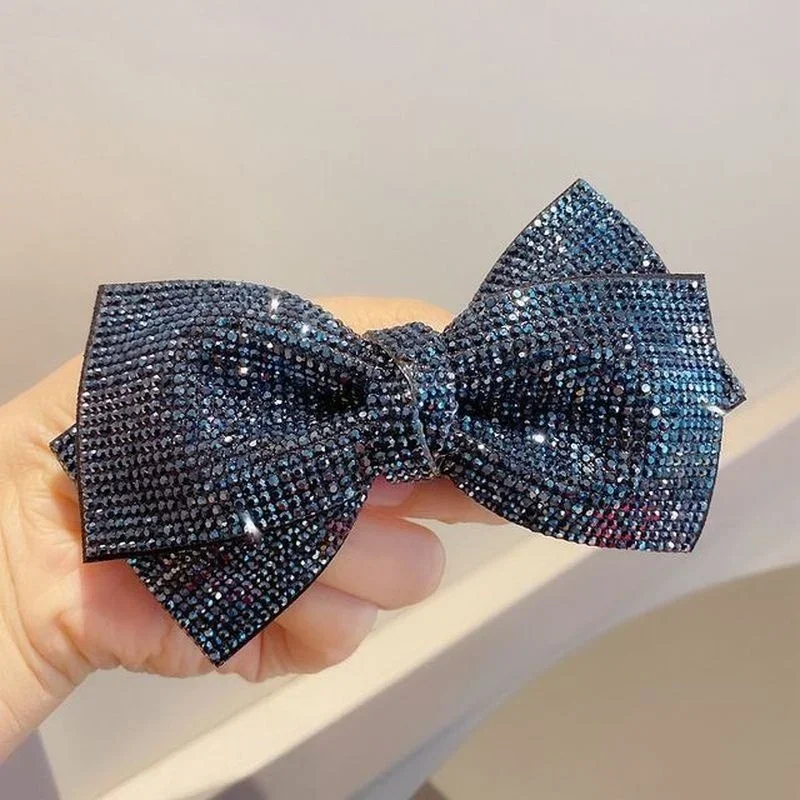 Shiny Rhinestone Double Layered Bow Hair Clip with Spring Clip for Women's Elegant Sexy Headwear Fashionable Girl Hair Accessory