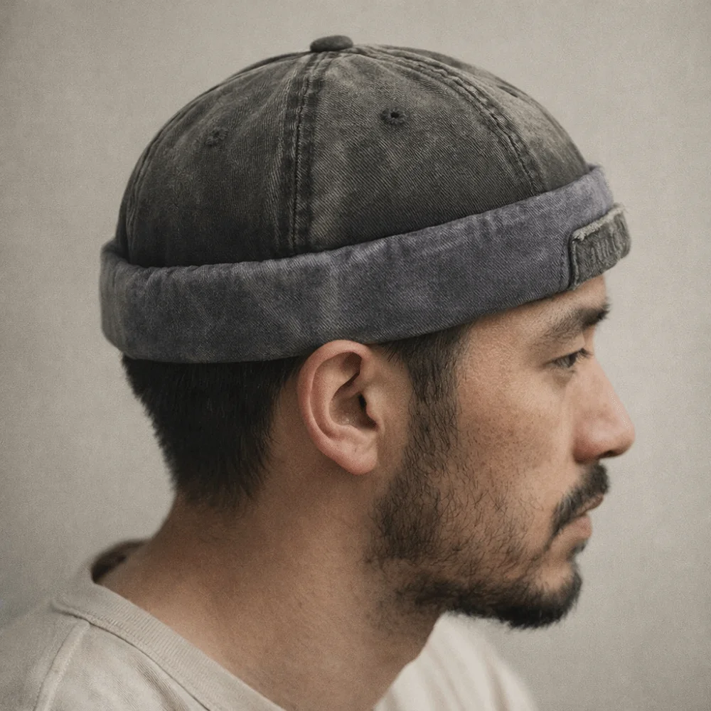 Trendy Adjustable Washed Landlord Cap Solid Color Cotton Brimless Melon Hat Star Splicing Letter Docker Beanie Outdoor
