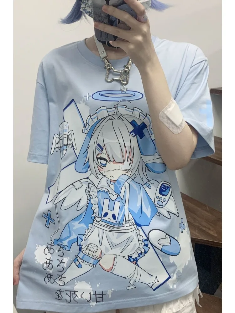 

Летняя футболка с короткими рукавами и кроликом-ангелом, новый стиль, японская мягкая футболка для студентов сестры, шахтный отдел, женский топ