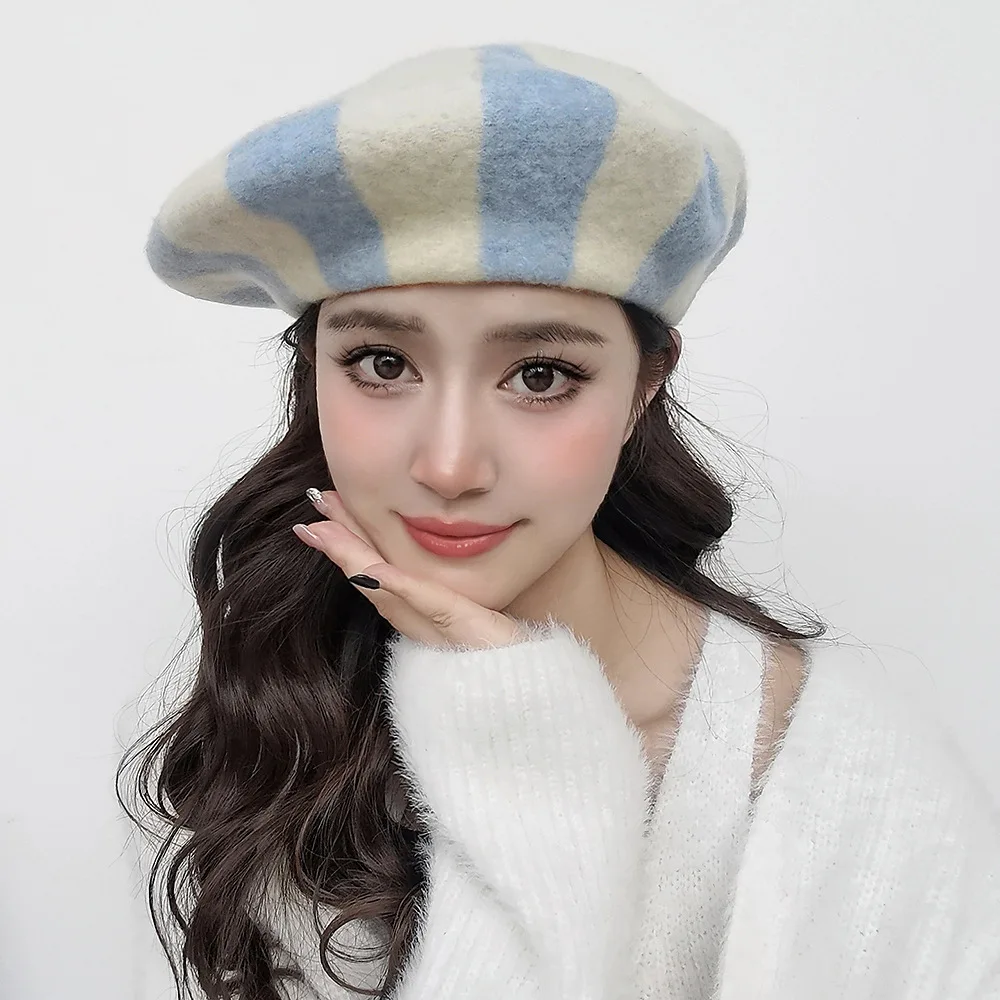 Wool Berets Women Hat Winter Large Size Striped Candy Color Casual Parent Child Fashion Design Lady Girls Berets Boina New Cap