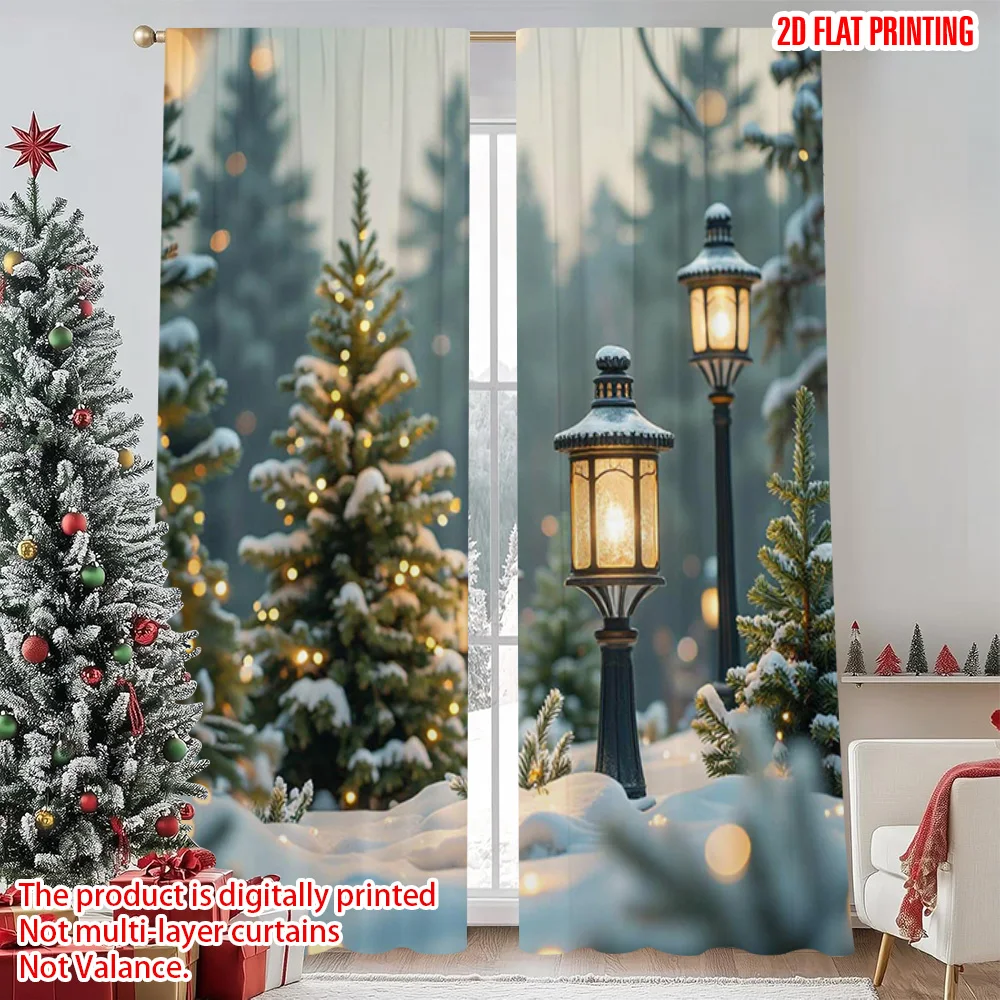 

2pcs 2D flat printing Merry Christmas Popular Drapes Christmas snow scene Machine Washable Fabric Without Electricity Party
