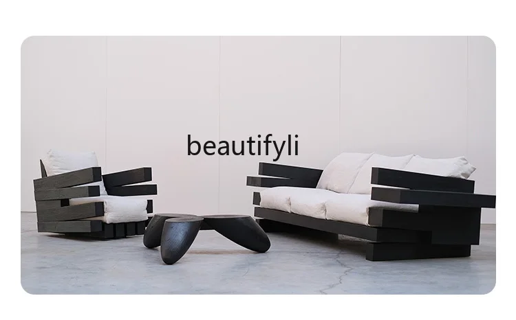 Black and White with Solid Wood Cloth Craft Sofa Nordic Simple Large and Small Apartment Type Living Room Bedroom Straight Row