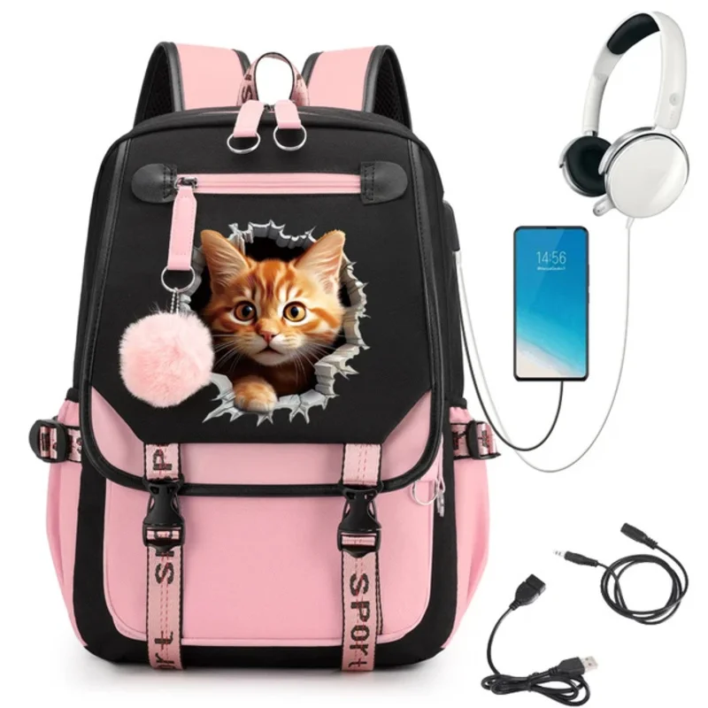 Kawaii Katze drucken Kinder taschen für Mädchen Schul rucksack wasserdichte Grundschule Schult asche Bücher tasche USB Mochila