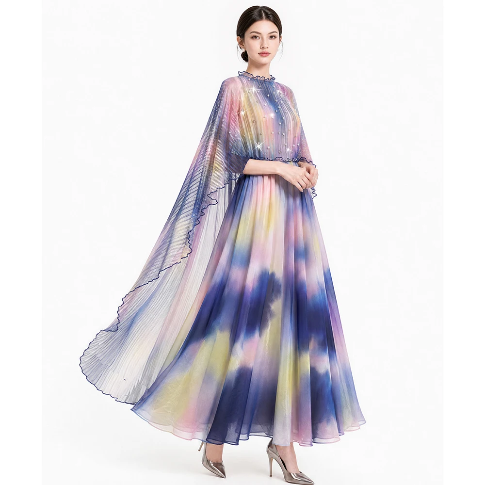 Summer Fashion Gradient Print Chiffon Elastic Waist Maxi Dress Two Piece Set For Women Elegant Beaded Cape Crop Tops Long Dress