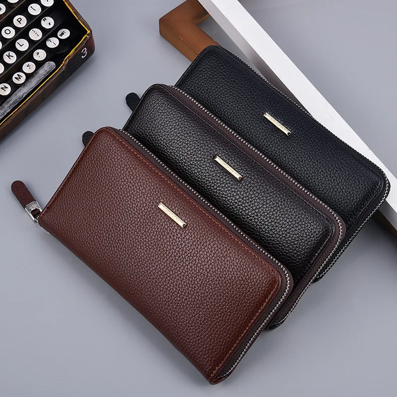 Fashion Men\'s Long Mobile Phone Bag Business Leather Multi Function High Capacity Zipper Wallet with Hand Belt