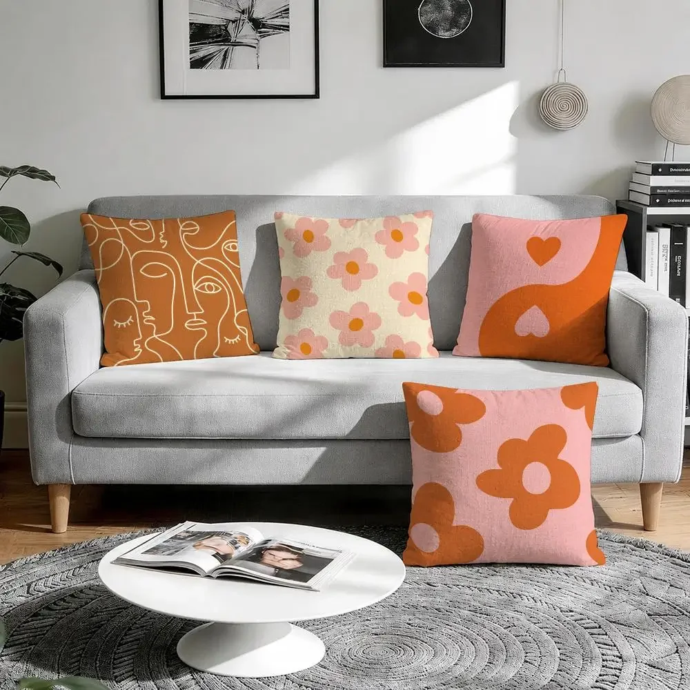Funky Orange Pink art Cushion Cover Natural Breathable Durable Linen Printed Decor Pillow Case Sofa Bedroom