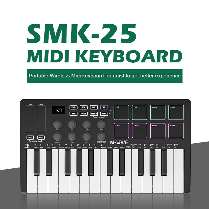 M-VAVE SMK-25 MIDI Keyboard 25 Keys Wireless/USB Controller Music Arranger Keyboard With 8 Backlit Drum Pads Creation Accessorie