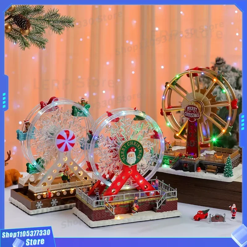 Large Glowing Ferris Wheel Music Box Christmas Ornament Musical Rotating Carousel Night Light Gift for Kids Holiday Home