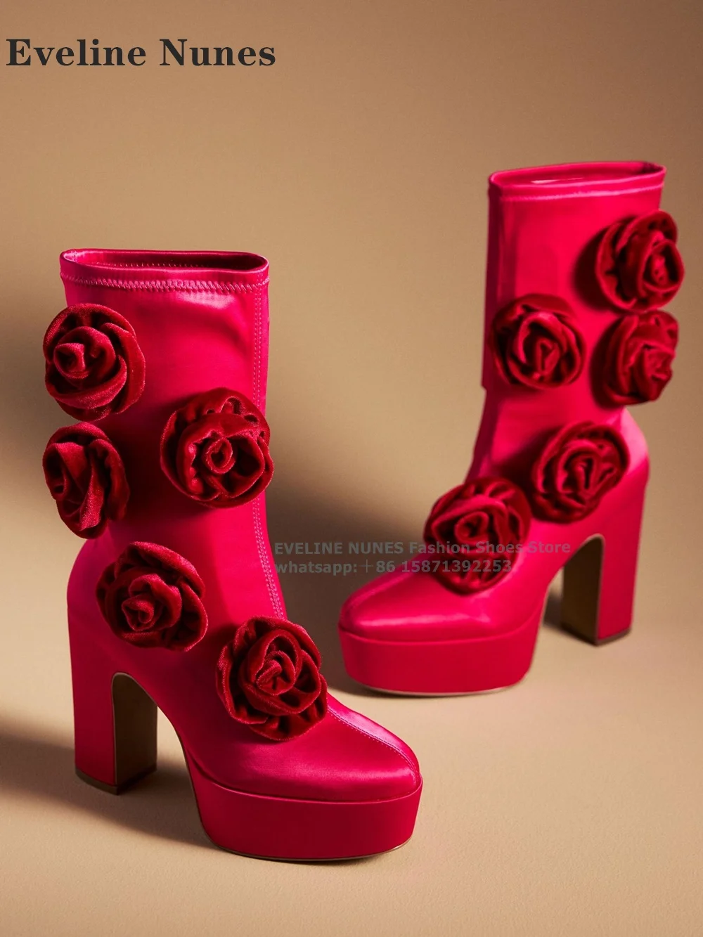 

Red Rose Flower Satin Fashion Boots Round Toe Height Increasing Sexy Luxury Women Mid-Calf Boots Runway Show Dress 2024 Newest