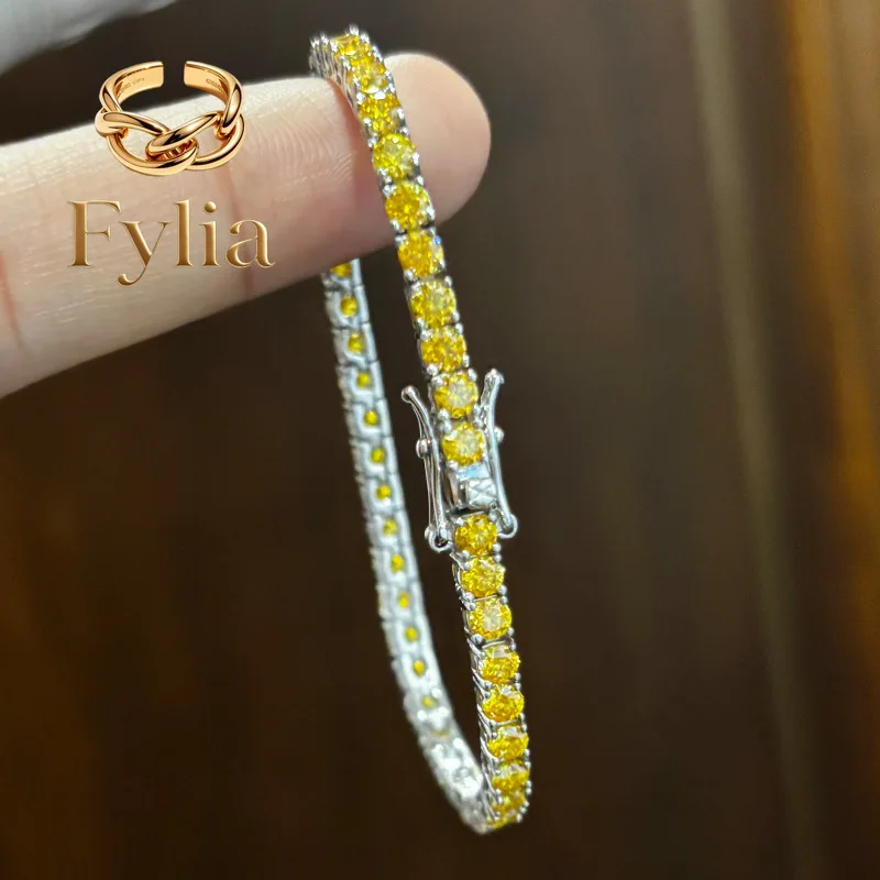 

Fylia Jewelry Luxury Solid Platinum PT950 Women's 3mm 4mm Yellow Light Blue Pink Moissanite Diamond Bracelet Full Diamond Tenn
