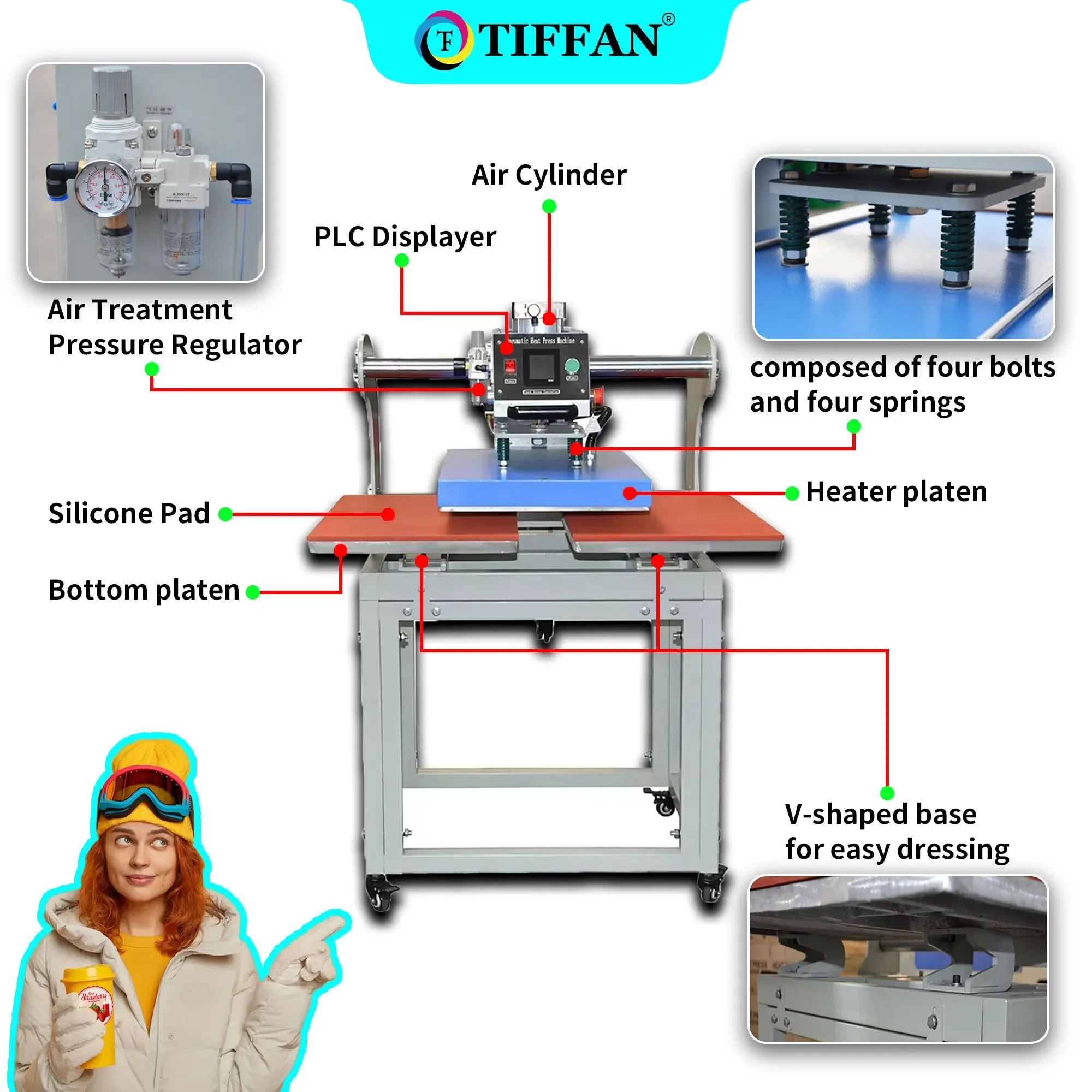 Pneumatic type customized design travel bag logo/label heat transfer dual station heat press machine