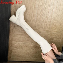 Krazing Pot Microfiber Round Toe Thick High Heels Equestrian Boots Winter Zipper Warm Elastic Waterproof Ins Over-the-knee Boots