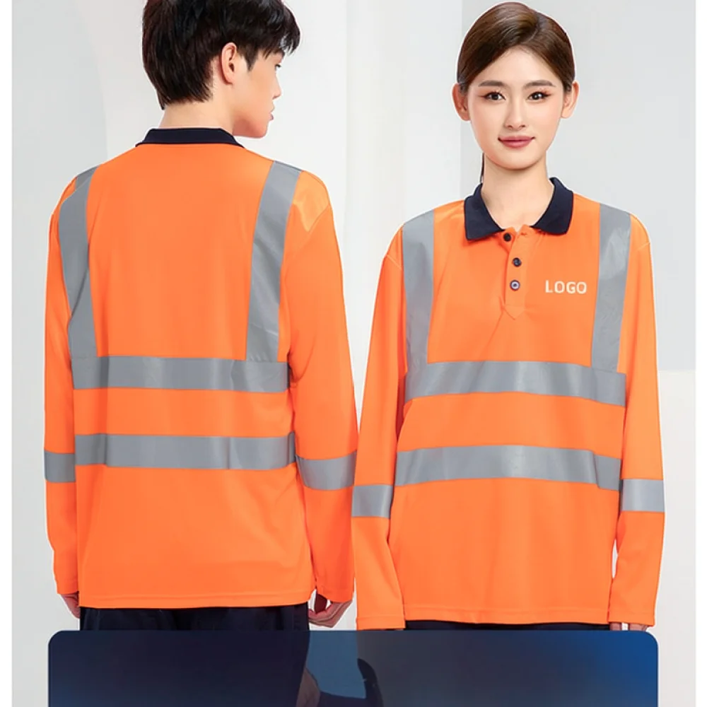 Mens Long Sleeve Safety Polo Shirt Reflective Strip High Visibility Workwear Breathable Durable Outdoor Construction Uniform