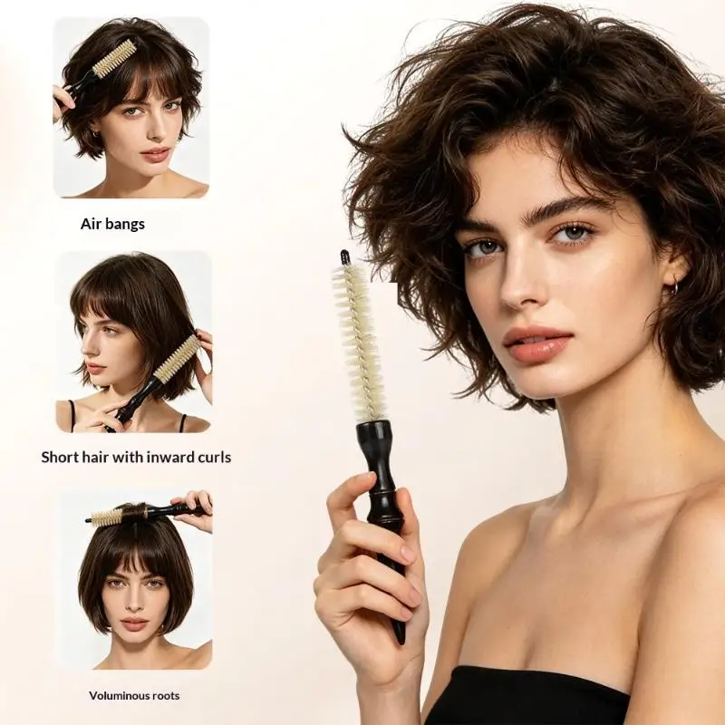 Wood Handle Pig Bristle Root Teasing Brush Round Fluffy Hair Styling Comb Salon Barber Hair Tool