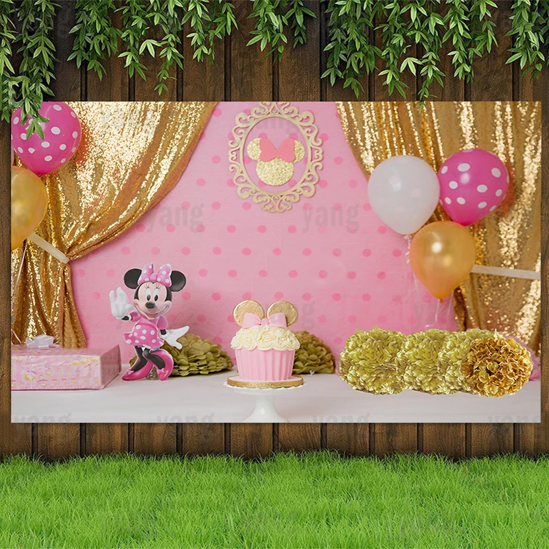 Disney Pink Mickey Minnie Mouse Photography Background Backdrop Cartoon Girl Birthday Party Stage Decor Banner Photographic