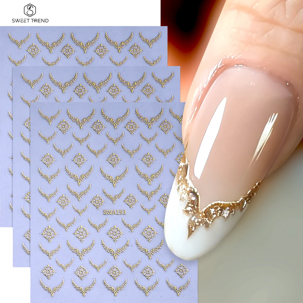 SWEET TREND-3/4pcs French Lace Nail Stickers Gold Silver French Wedding Design  Self-adhesive Nail Decals Manicure Decoration