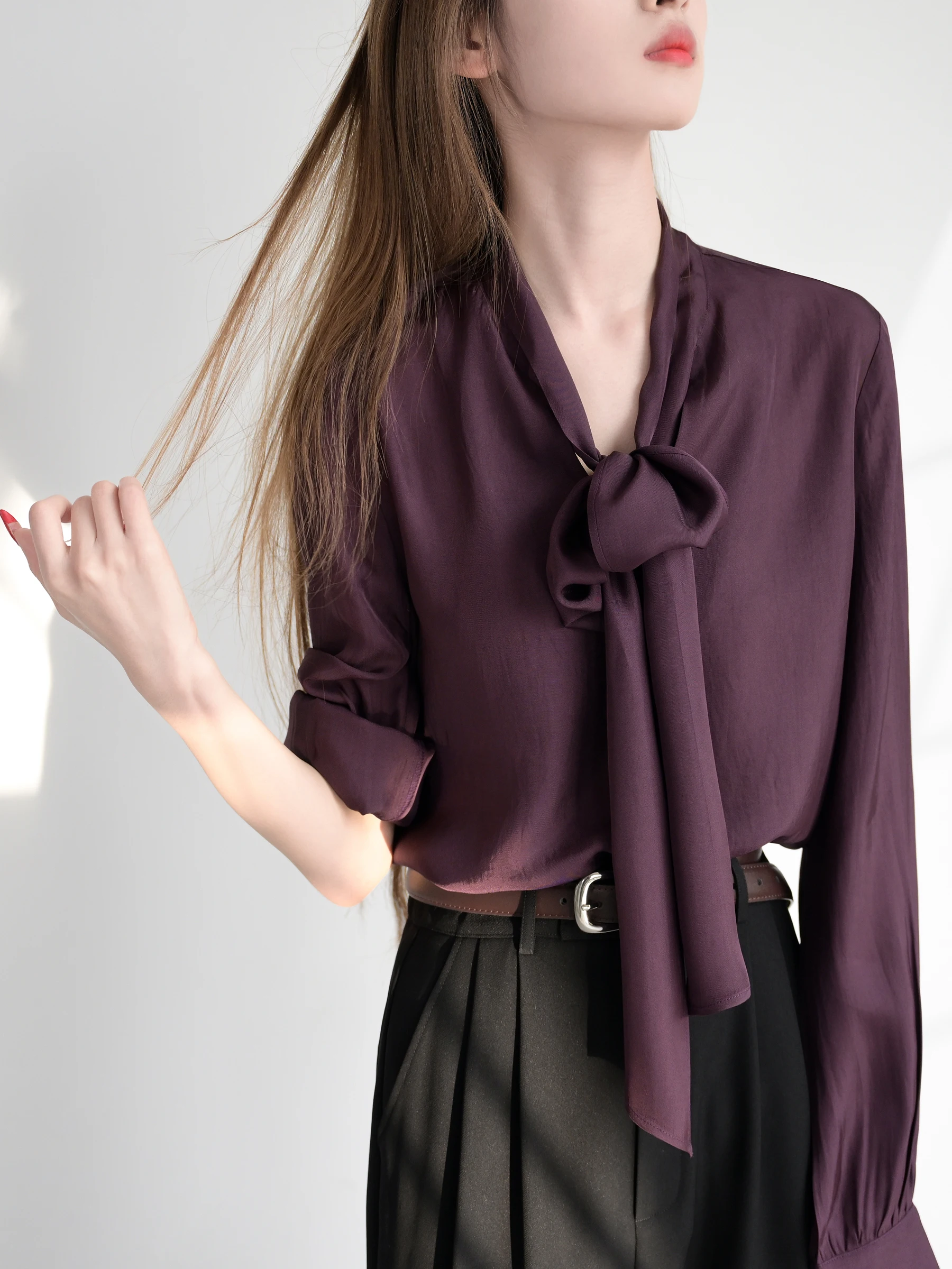 

Elegant Royal Purple Long Sleeve Shirt Women's Acetate Fashionable Tie Knot Loose Fit Straight Cut Spring 2026