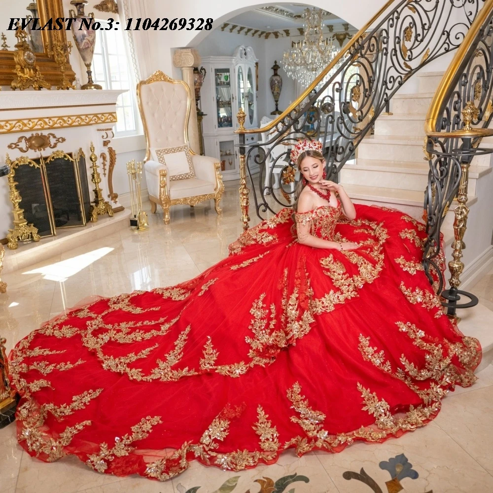 

EVLAST Customized Glitter Red Quinceanera Dress Ball Gown Gold Lace Applique Beading Tiered Sweet 16 Vestidos De 15 Anos E3Q789