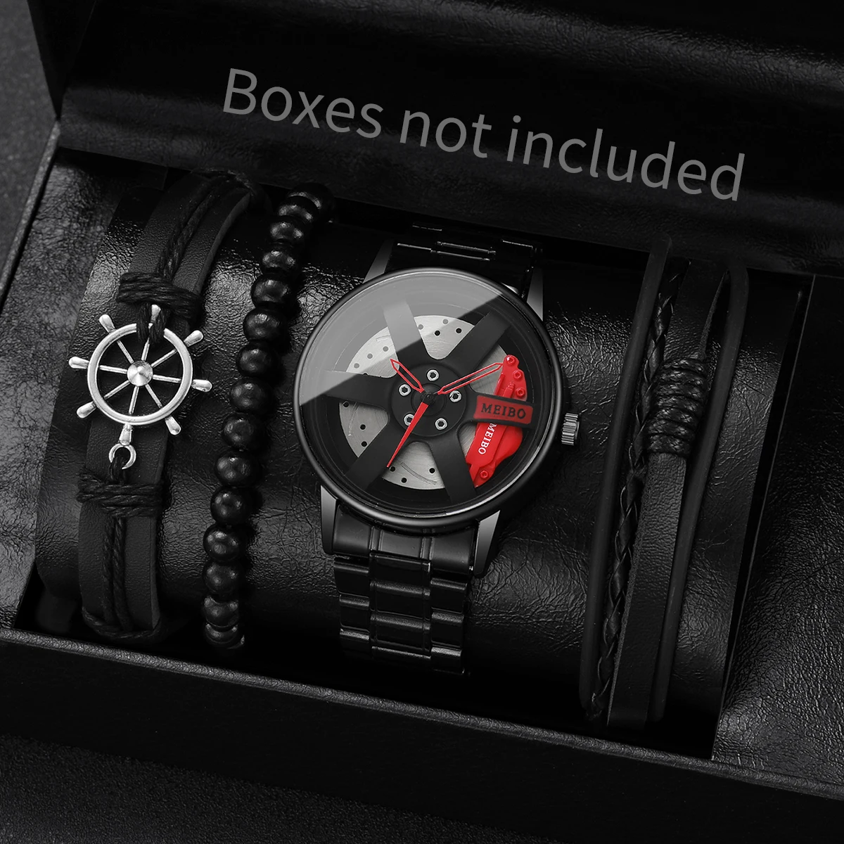 4pcs/set luxury men's watches fashion 3d wheel car male sports watch stainless steel quartz watch for men's bracelets
