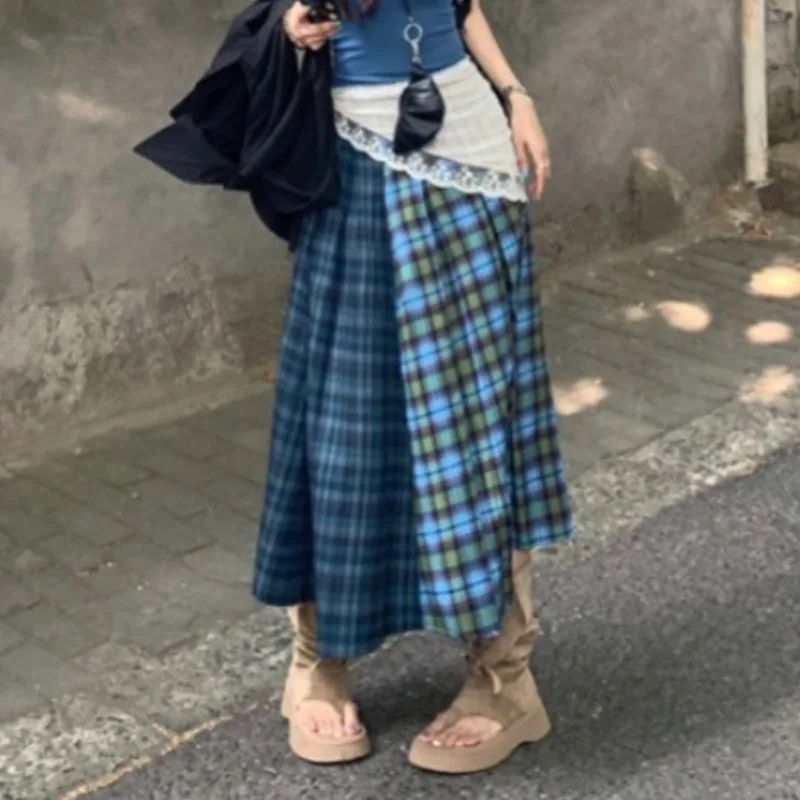 Spring and Summer Vintage Korean Retro High Street Low Waist Plaid Pleated Long Skirt Streetwear Fashion Skirt