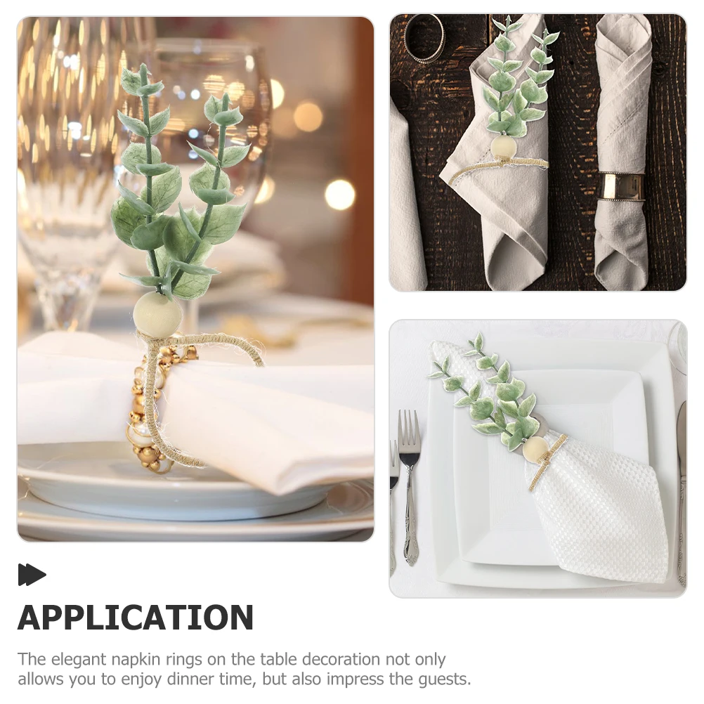 

6pcs Reusable Wooden Bead Buckle Rustic Leaf Ring Hemp Rope Holder For Country Wedding Christmas Party Banquet Tableware