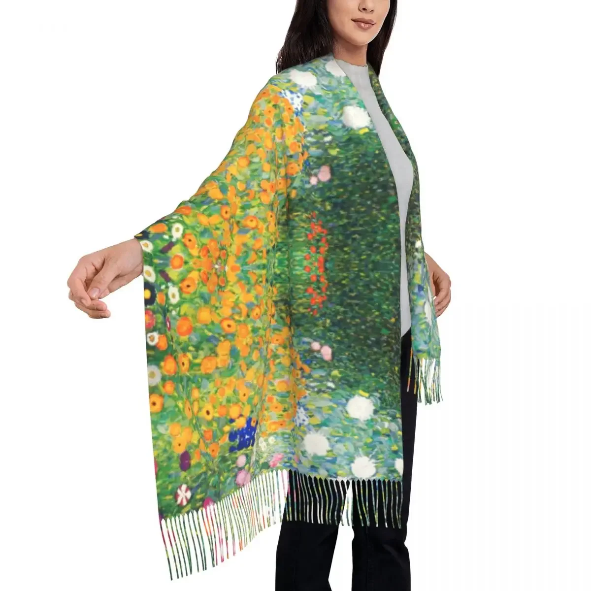 Flor jardim de gustav klimt cachecol feminino masculino luxo inverno outono envoltório xale pintura arte borla envoltórios