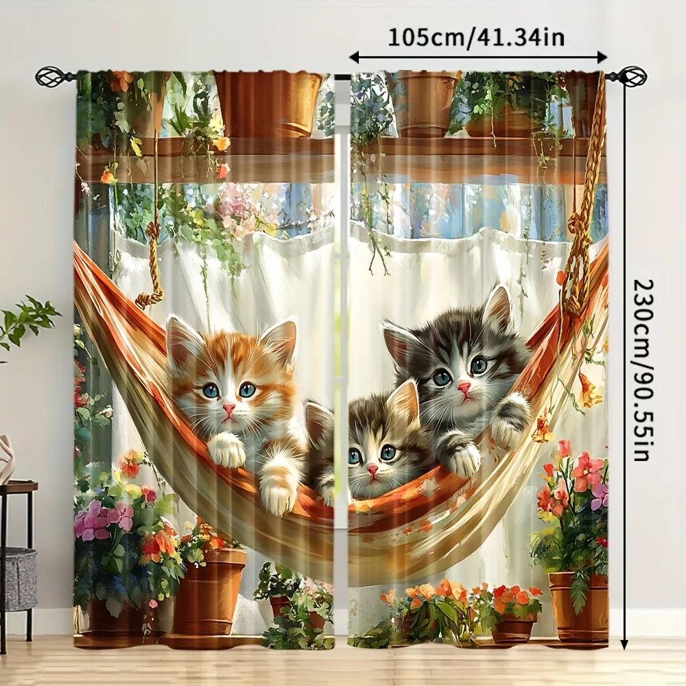 

2 шт. милых штор с котятами, полиэстеровые, светопропускающие, для спальни и гостиной, с цветочным узором, для домашнего декора, быстрая установка