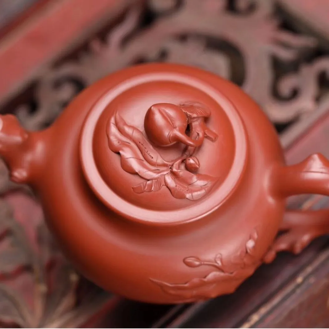 Yixing Zisha Clay Set Tea Ceremony Brewing Pot Handcrafted By Famous Artisans Adorned With Peach Leaves Made From Natural Or