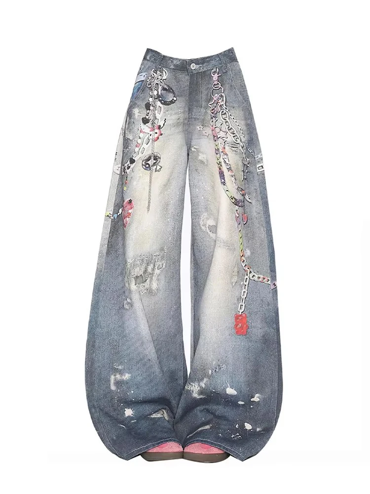 

Women Blue Y2k Oversize Jeans Harajuku Vintage Baggy Graffiti Print Denim Trouser Japanese 2000s Style Hip Hop Jeans Pants 2025