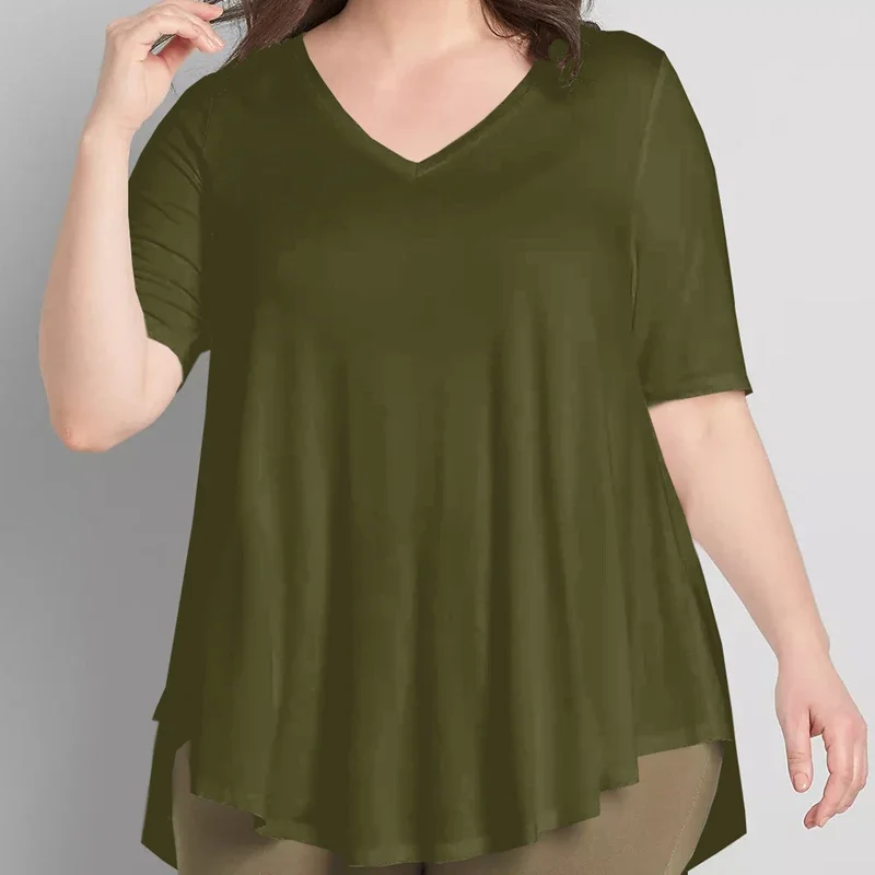 Plus Size V-neck Summer Casual Hi Low Tunic Top Women Short Sleeve Solid Army Green Loose Fit Flare Basic Swing Blouse And Top