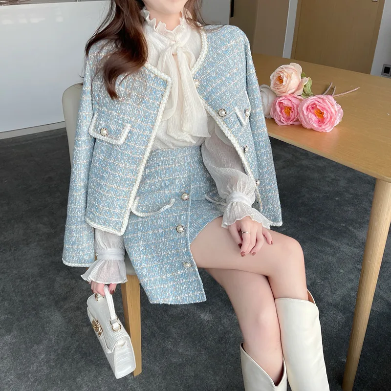 Autumn 2 Pieces Set Elegant Fashion Vintage Plaid Tweed Long Sleeve Jackets Coat + Irregular A-Line Mini Skirts Suit