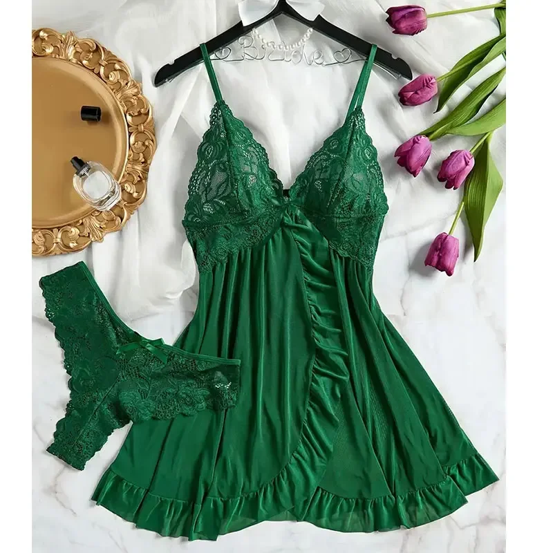 

Soft Sheer Nighty Pajamas Hotselling Nightgowns Dark Green Halter Dress Women Sleepwear Sexy Bra Plus Size Nightdress Thong Sets