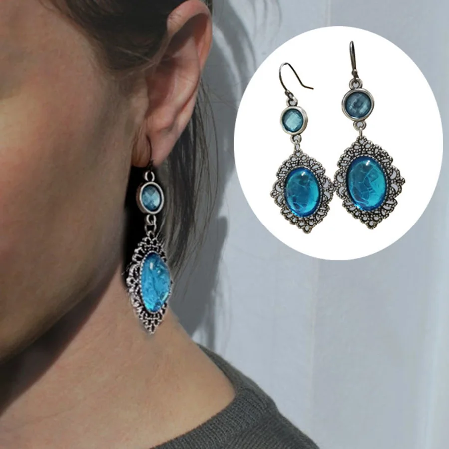 

Vintage Silver Bohemia Oval Blue Dangle Drop Earrings for Women New Fashion Boho Dangle Earrings Jewelry Gift