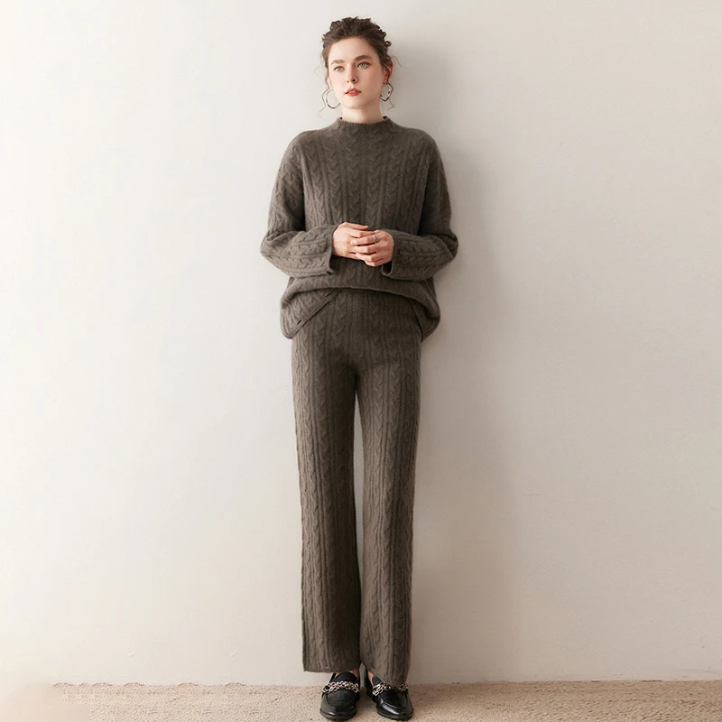 High-End 100% Pure Cashmere Women'S Set Round-Neck Cable-Knit Sweater And High-Waisted Cable-Knit Straight Pants Two-Piece Set
