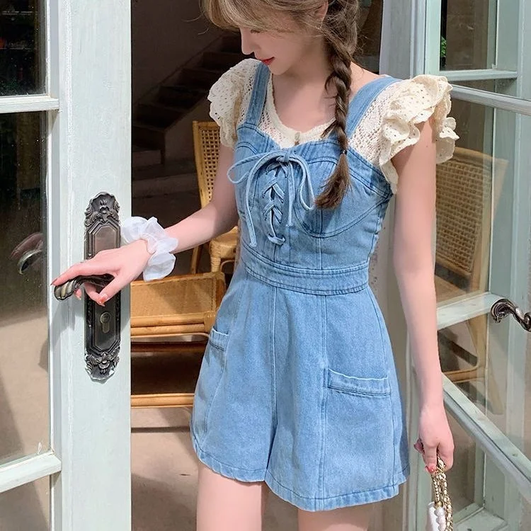

Miniature Wide Leg Pants Hong Kong Style Age Reduction Knot Tie Denim Overalls Korean Casual Street Short Shorts