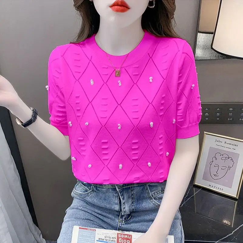 2023 Summer New Solid Color Round Neck Short Sleeve Knitting T-Shirts Women Thin Style Embroidered Flares All-match Pullovers