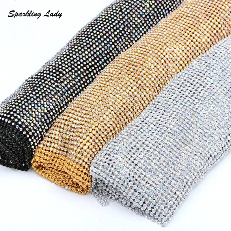 Bling Crystal Mesh Fabric Gold Flexible Aluminum Base Glass Rhinestone Mesh for DIY Sewing Cosplay Dress Bag Body Jewelry