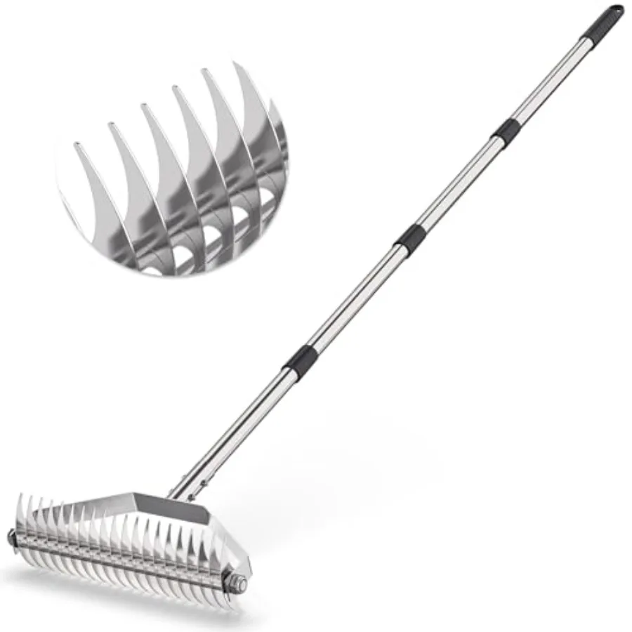 

Dethatching Rake for Lawn 15.6" Thatch Rake with 20 Curved Tines Manual Lawn Dethatcher with 66" Adjustable Handle Heavy-Duty S