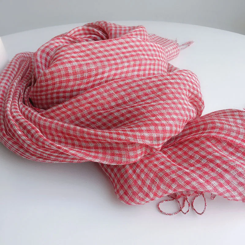 Spring/Summer Small Plaid Tassel Linen Scarf