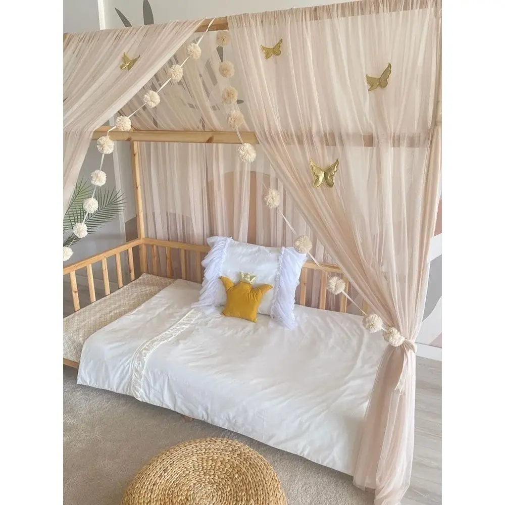 

Бежевый набор для украшения балдахина для кровати — гирлянда с помпоном для детской комнаты, тюль премиум-класса, 149 дюймов