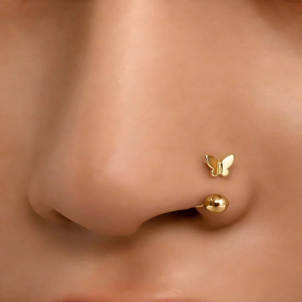 1 Stück einfacher Schmetterlings-Nasenring, 18 Karat vergoldeter Edelstahl-Piercing-Schmuck für Frauen, Alltagskleidung, Körperpiercing-Zubehör